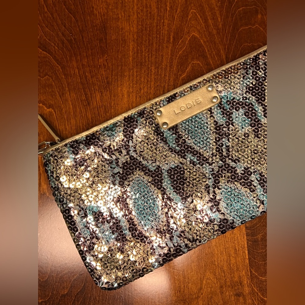 Lodis Clutch Bag Sparkly Animal Print Blue Silver - Picture 6 of 12